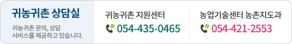 귀농귀촌 상담실
귀농귀촌 문의, 상담서비스를 제공하고 있습니다.
귀농귀촌 지원센터 : 054-435-0465
농업기술센터 농촌지도과 : 054-421-2553